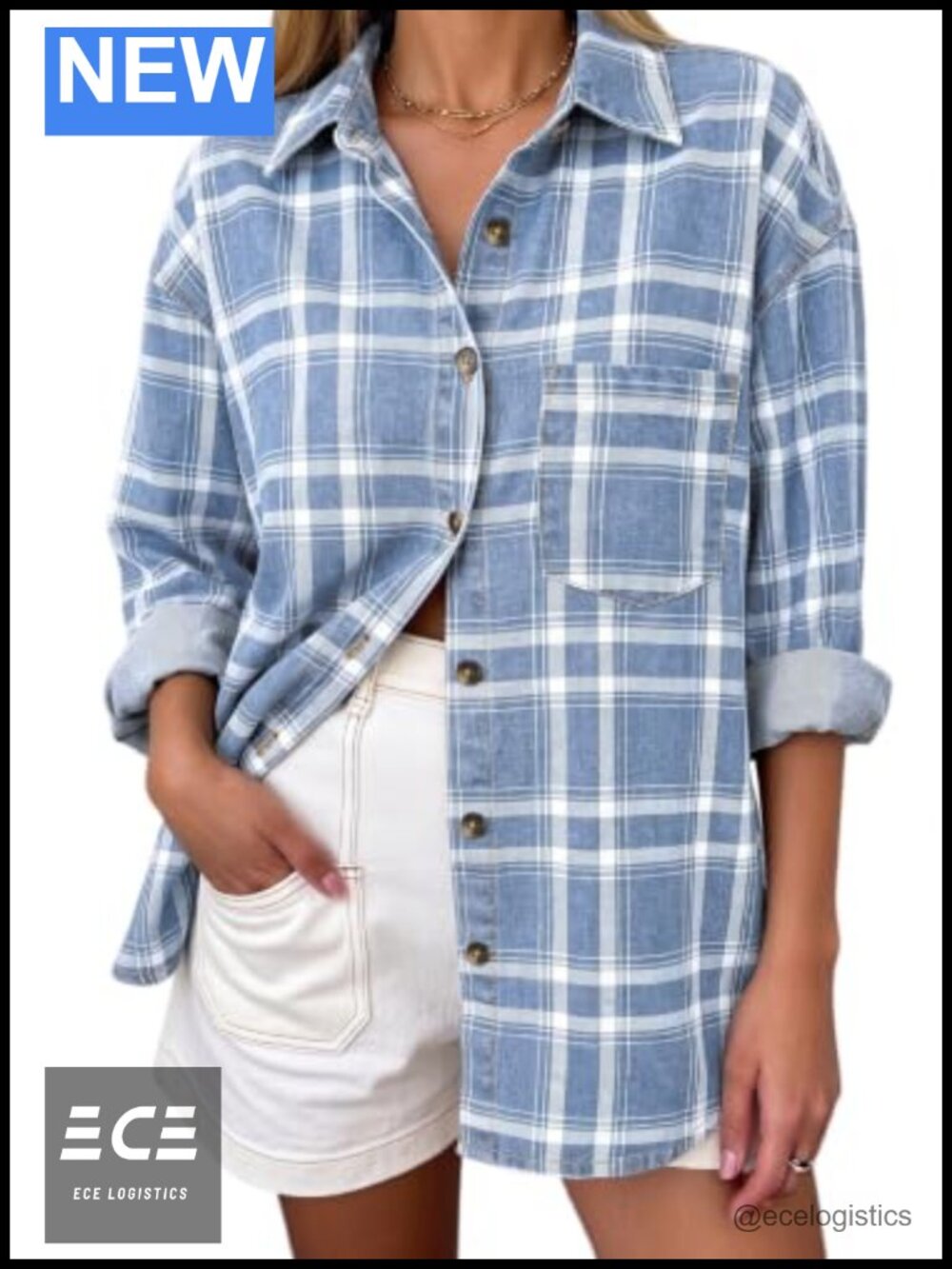 Plaid Denim Shirt Oversized Button Down Blouse Western Boyfriend Jean Top